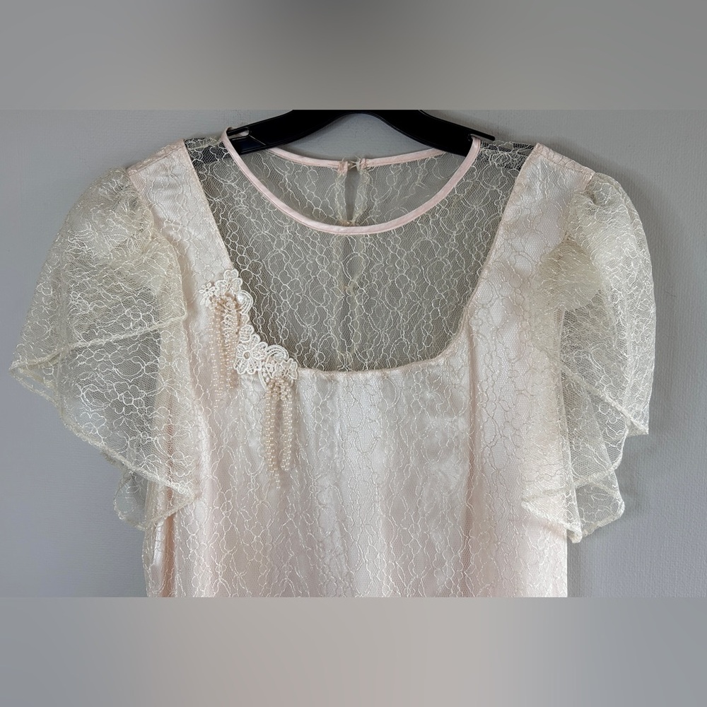 VINTAGE JCPENNEY Lace Asymmetric Formal Dress Pearl Fringe Victorian Goth Size L - Picture 4 of 12